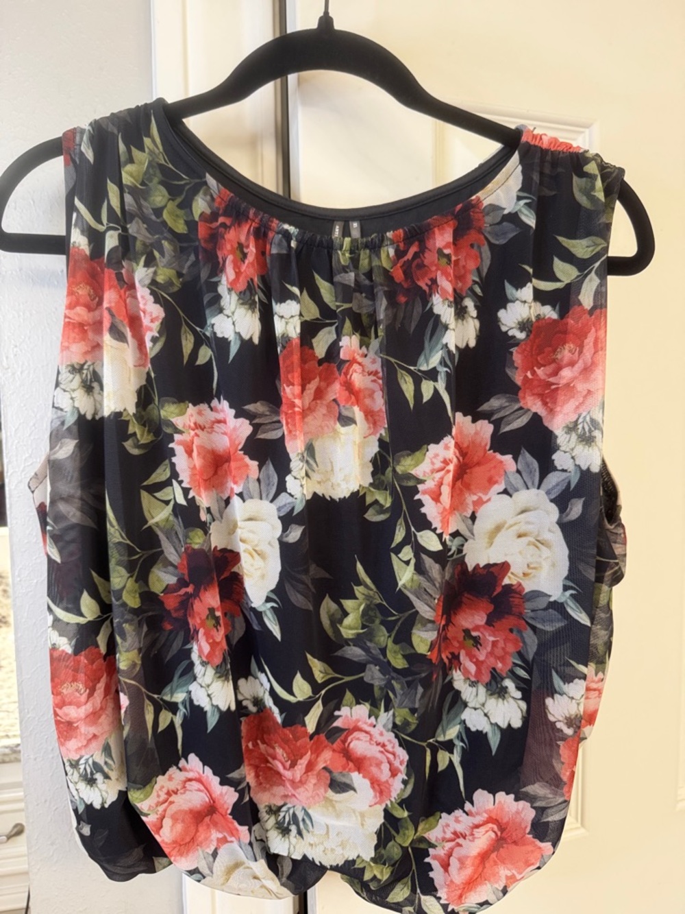 Floral Chiffon Sleeveless Bubble Top - Black with Pink & White Blooms